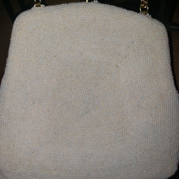 White Beaded Handbag Opalescent Glass Seed Beads Made in Korea - Picture 4 of 4